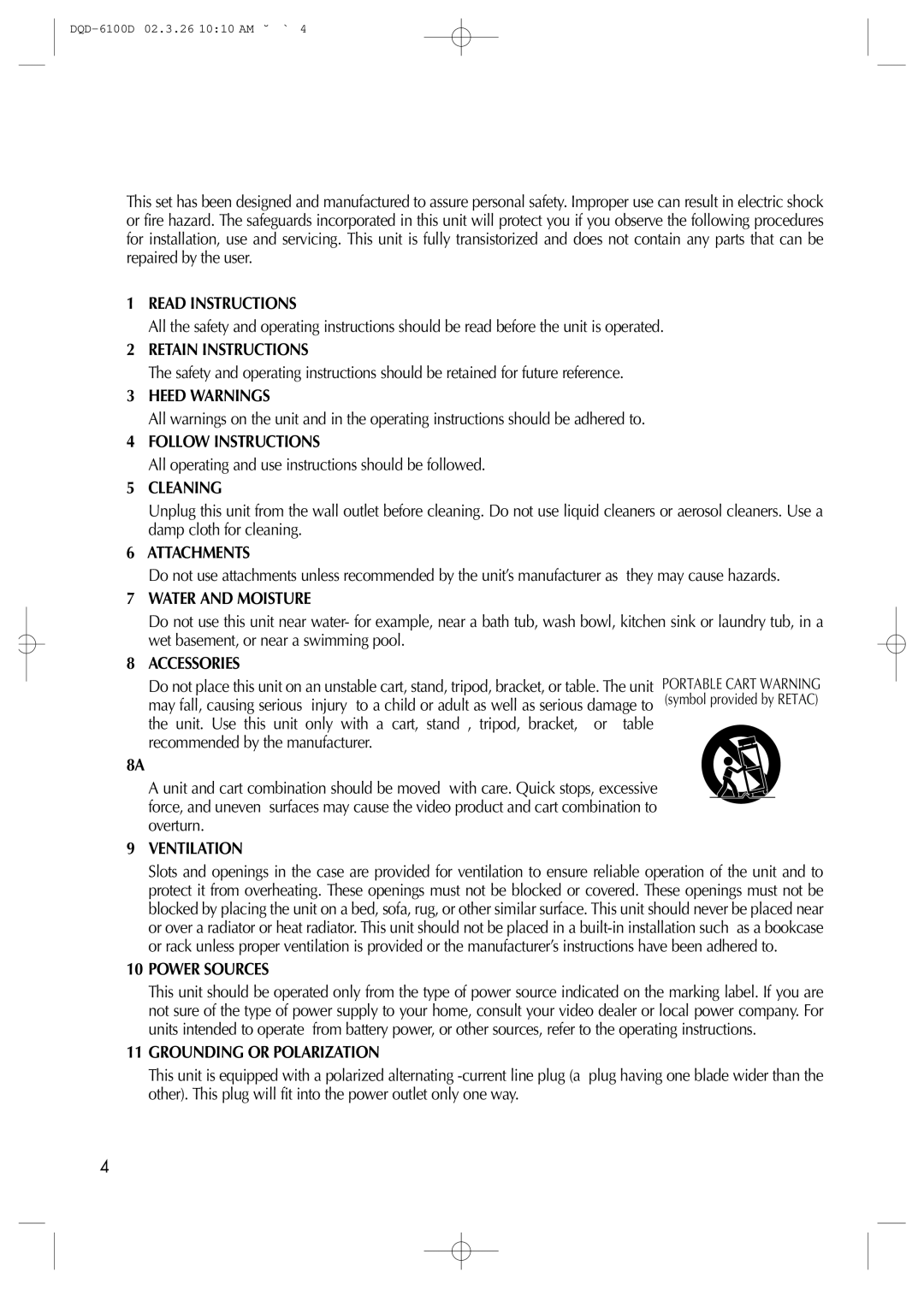 Daewoo dqd-2100d Read Instructions, Retain Instructions, Heed Warnings, Follow Instructions, Cleaning, Attachments 