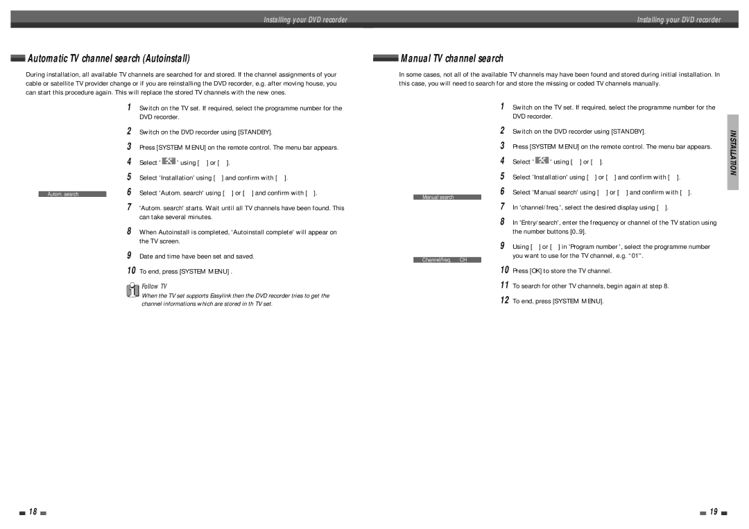 Daewoo DQR-1100D, DQR-1000D owner manual Automatic TV channel search Autoinstall, Manual TV channel search, Installation 