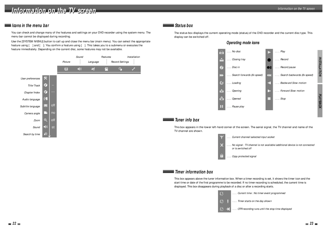 Daewoo DQR-1100D, DQR-1000D owner manual Information on the TV screen, TV channel are shown, Installation Playback 