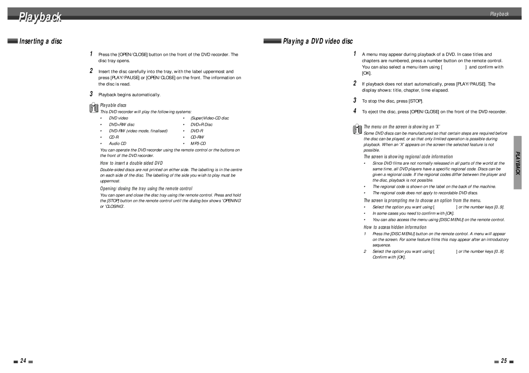 Daewoo DQR-1000D, DQR-1100D owner manual Playback, To stop the disc, press Stop, Inserting a disc, Playing a DVD video disc 