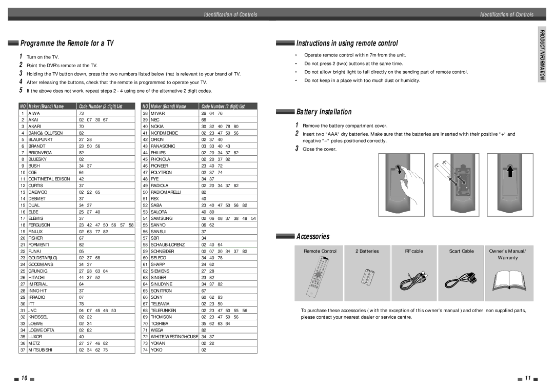 Daewoo DQR-1100D, DQR-1000D Operate remote control within 7m from the unit, Remote Control Batteries RF cable Scart Cable 