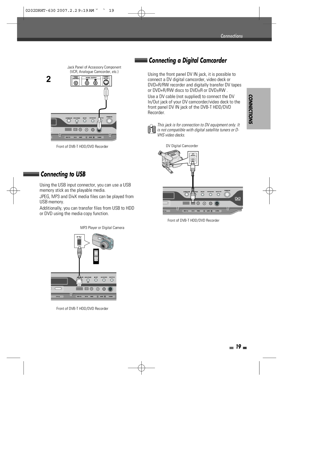 Daewoo DRHT-630 manual Connecting to USB, Connecting a Digital Camcorder 