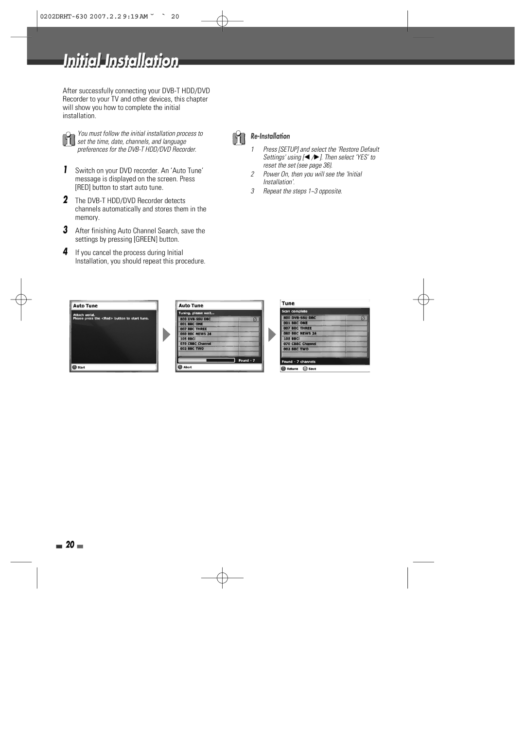 Daewoo DRHT-630 manual Initial Installation, Re-Installation 