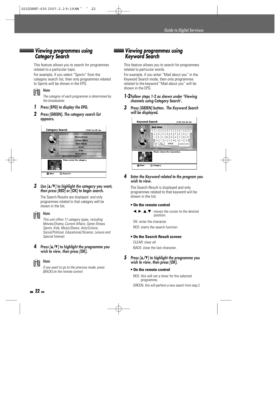 Daewoo DRHT-630 manual Viewing programmes using Keyword Search, Back clear the last character 