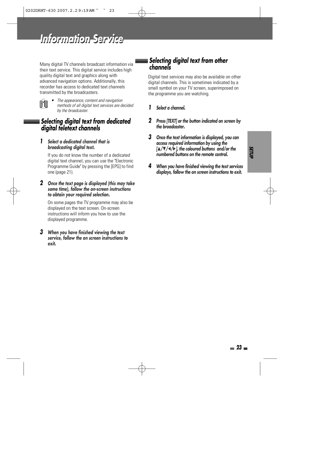 Daewoo DRHT-630 manual Information Service, Selecting digital text from other channels, Select a channel 