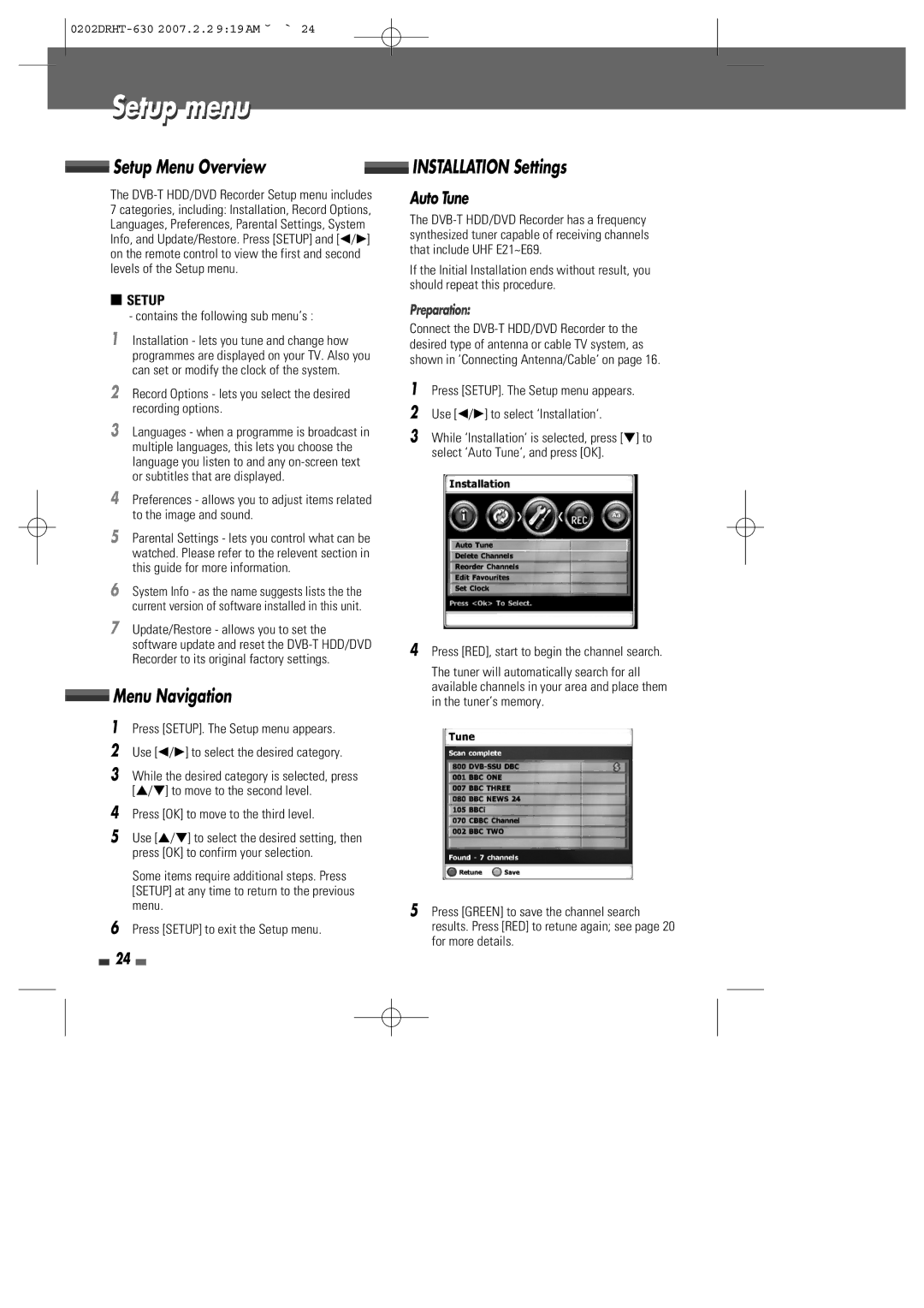 Daewoo DRHT-630 manual Setup menu, Setup Menu Overview, Menu Navigation, Auto Tune, Preparation 