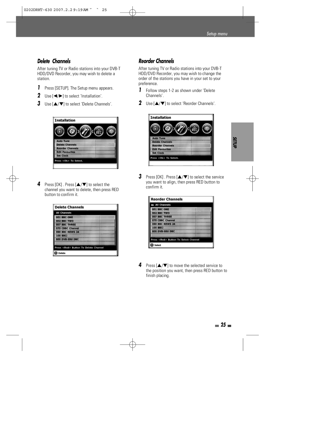 Daewoo DRHT-630 manual Delete Channels, Reorder Channels 