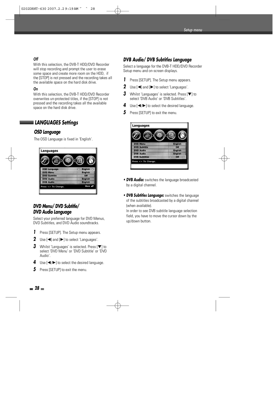 Daewoo DRHT-630 manual Languages Settings, DVB Audio/ DVB Subtitles Language, OSD Language, Off 