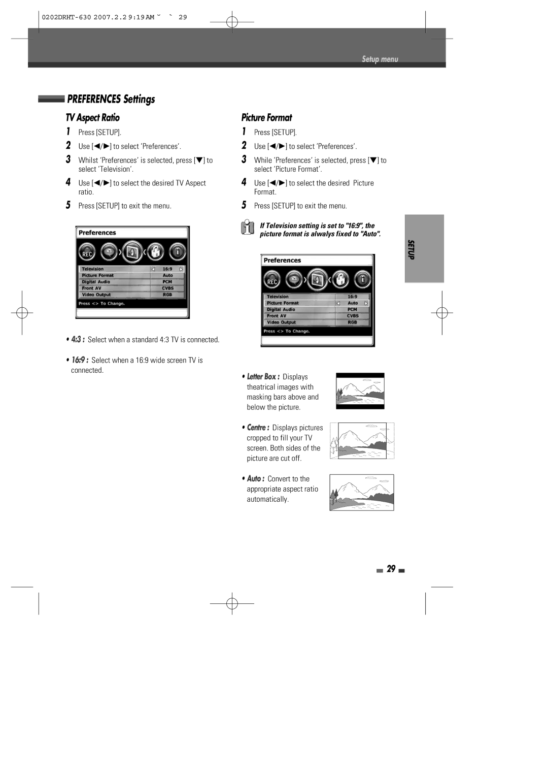 Daewoo DRHT-630 manual Preferences Settings, TV Aspect Ratio, Picture Format 