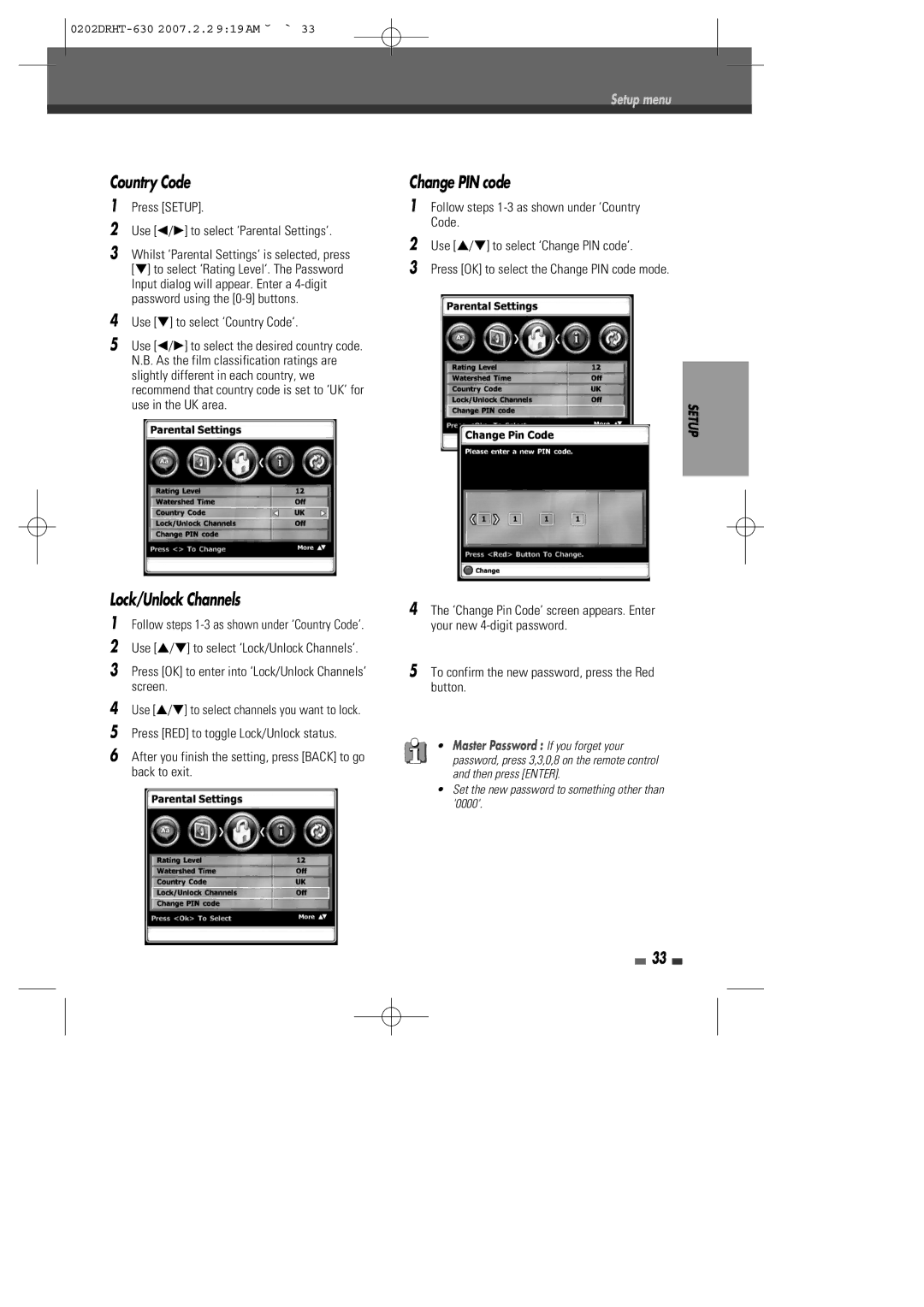 Daewoo DRHT-630 manual Country Code, Lock/Unlock Channels, Change PIN code 