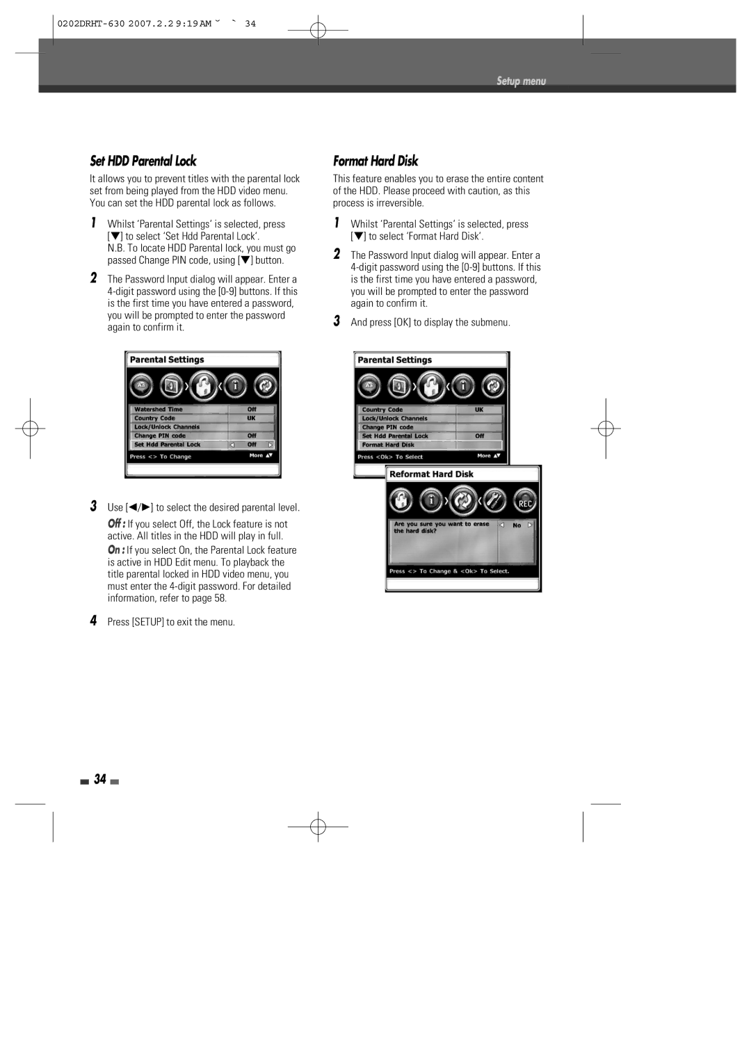 Daewoo DRHT-630 manual Set HDD Parental Lock, Format Hard Disk 