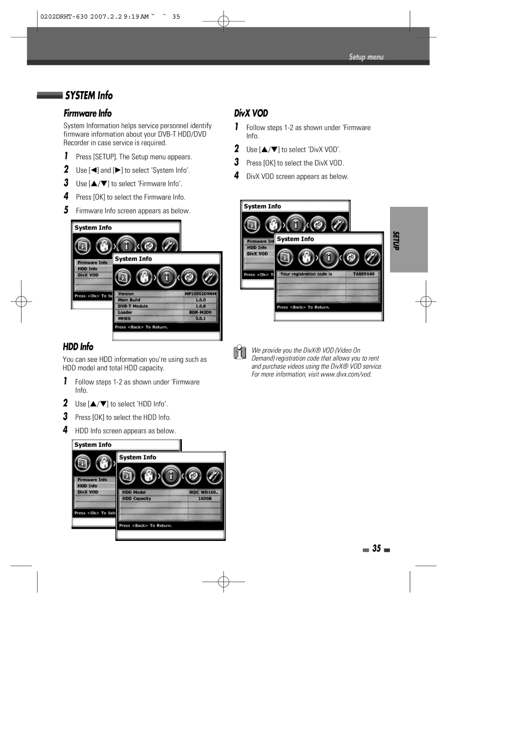 Daewoo DRHT-630 manual System Info, Firmware Info, HDD Info, DivX VOD 