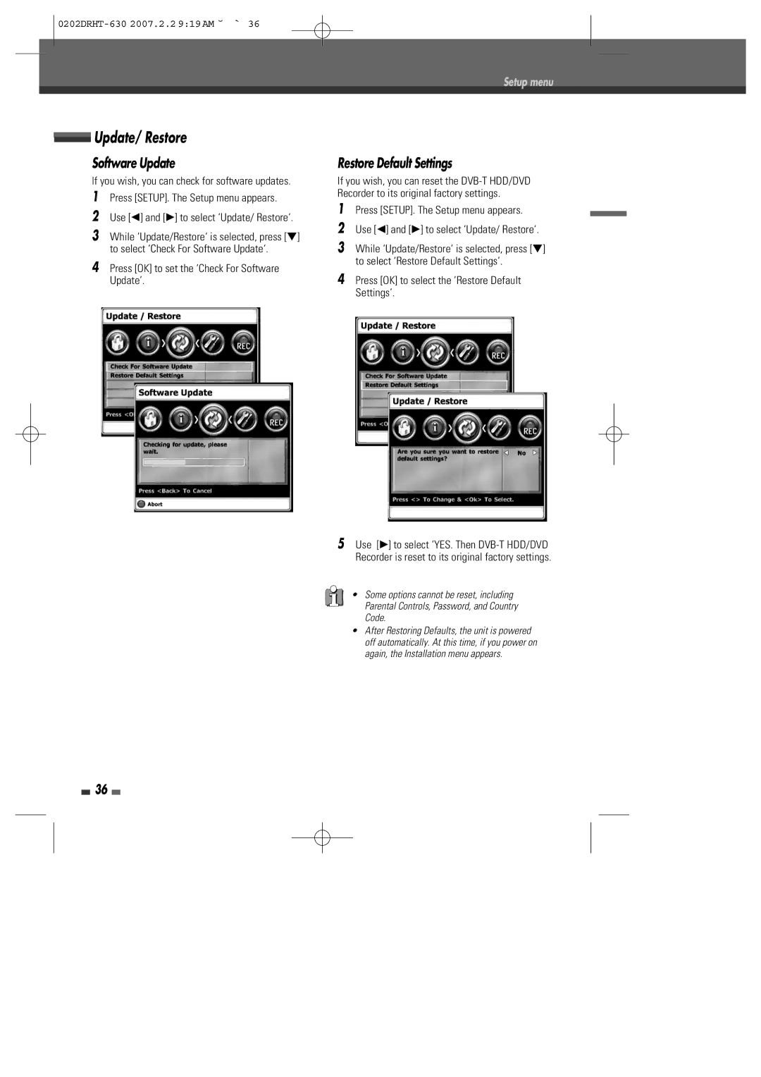 Daewoo DRHT-630 manual Update/ Restore, Software Update, Restore Default Settings 