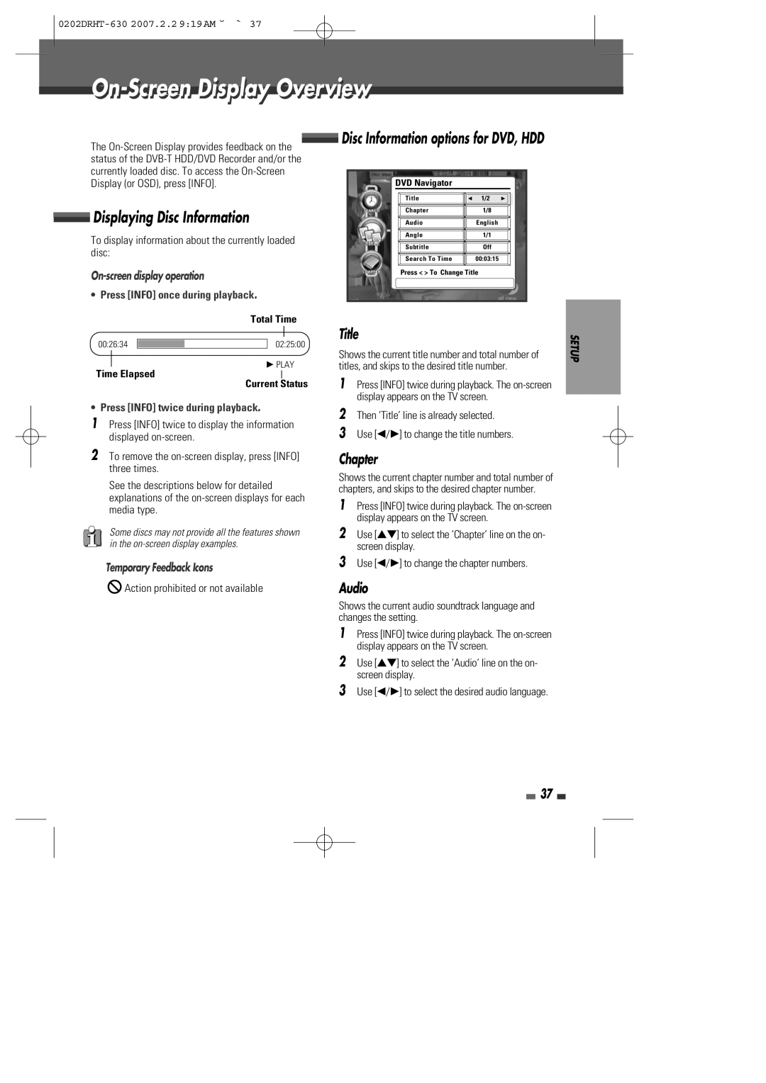 Daewoo DRHT-630 manual On-Screen Displayi l Overviewi, Displaying Disc Information, Disc Information options for DVD, HDD 