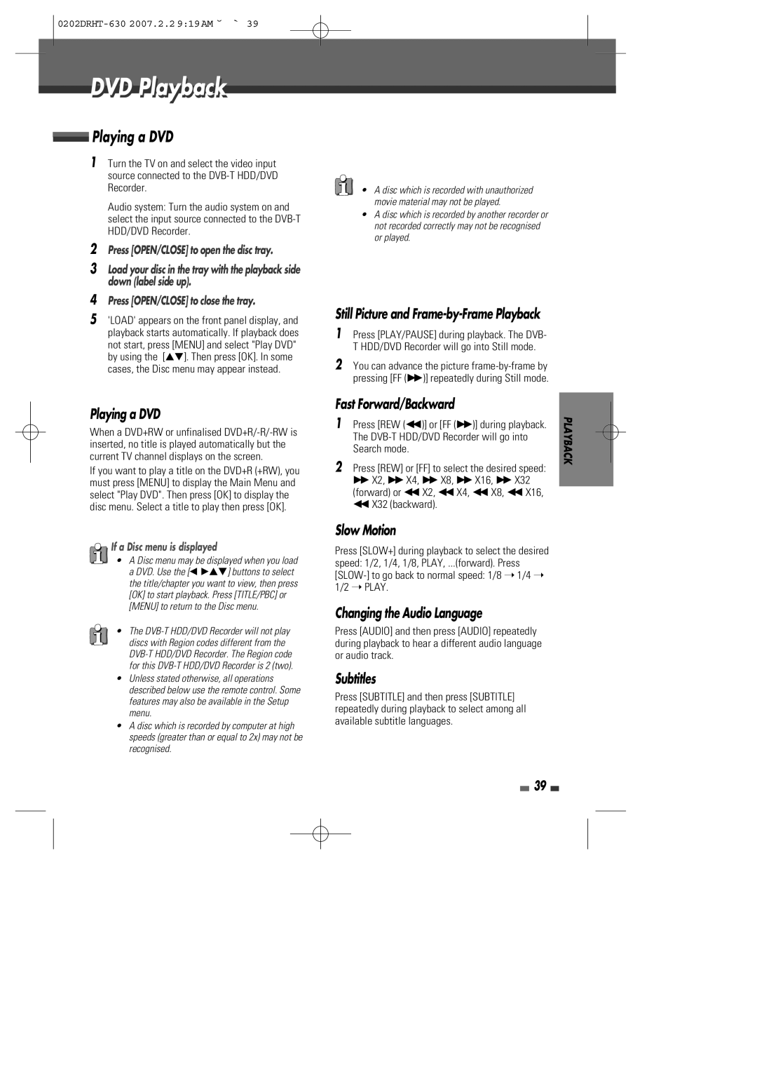 Daewoo DRHT-630 manual Fast Forward/Backward, Slow Motion, Changing the Audio Language, Subtitles 