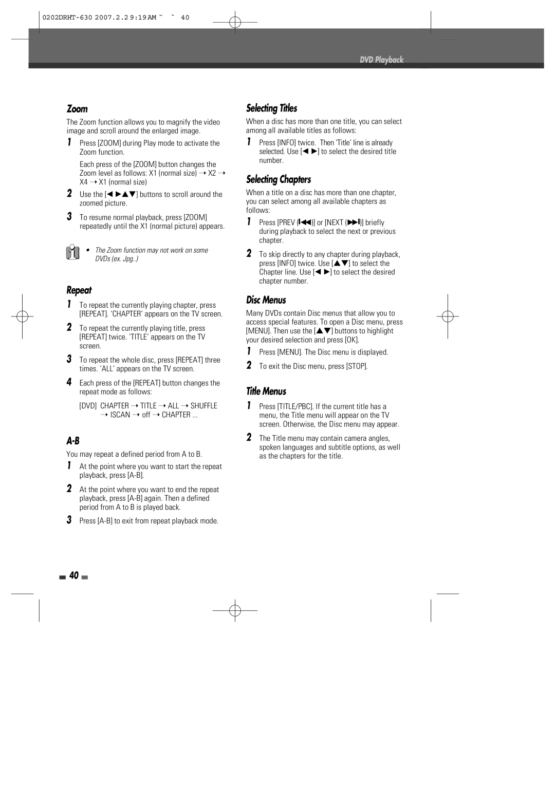 Daewoo DRHT-630 manual Zoom, Repeat, Selecting Chapters, Disc Menus, Title Menus 