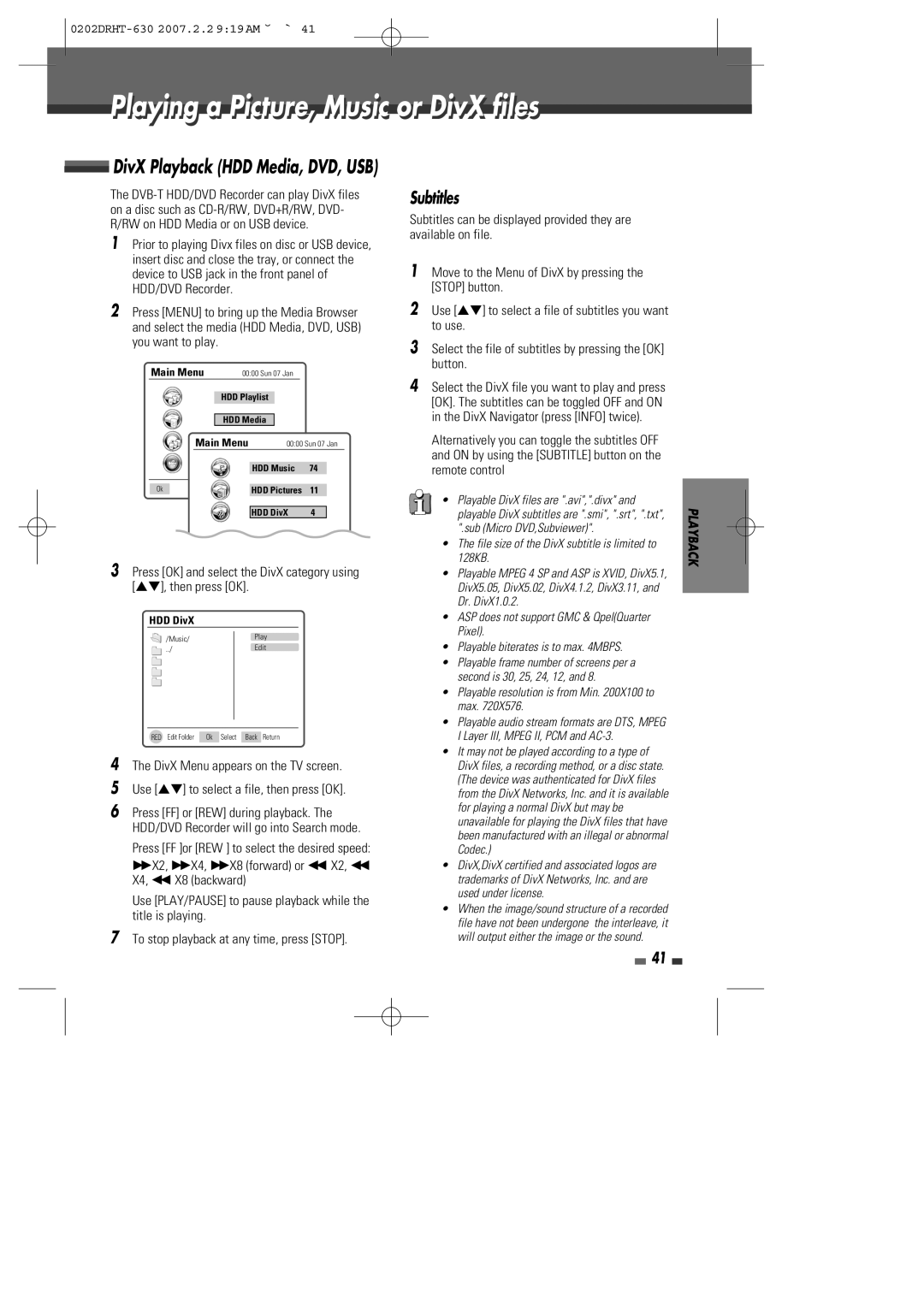 Daewoo DRHT-630 manual Playingl i a Picture,i t , Musicic or DivXi filesil, DivX Playback HDD Media, DVD, USB 