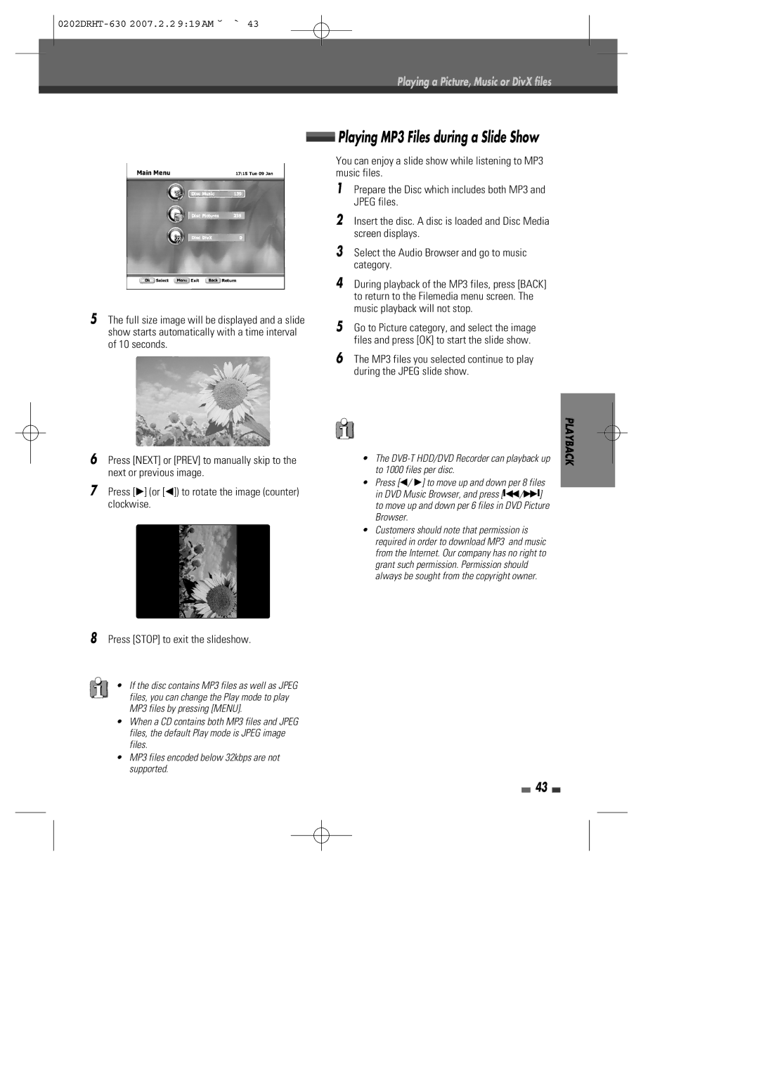 Daewoo DRHT-630 manual Playing MP3 Files during a Slide Show, Press Stop to exit the slideshow 