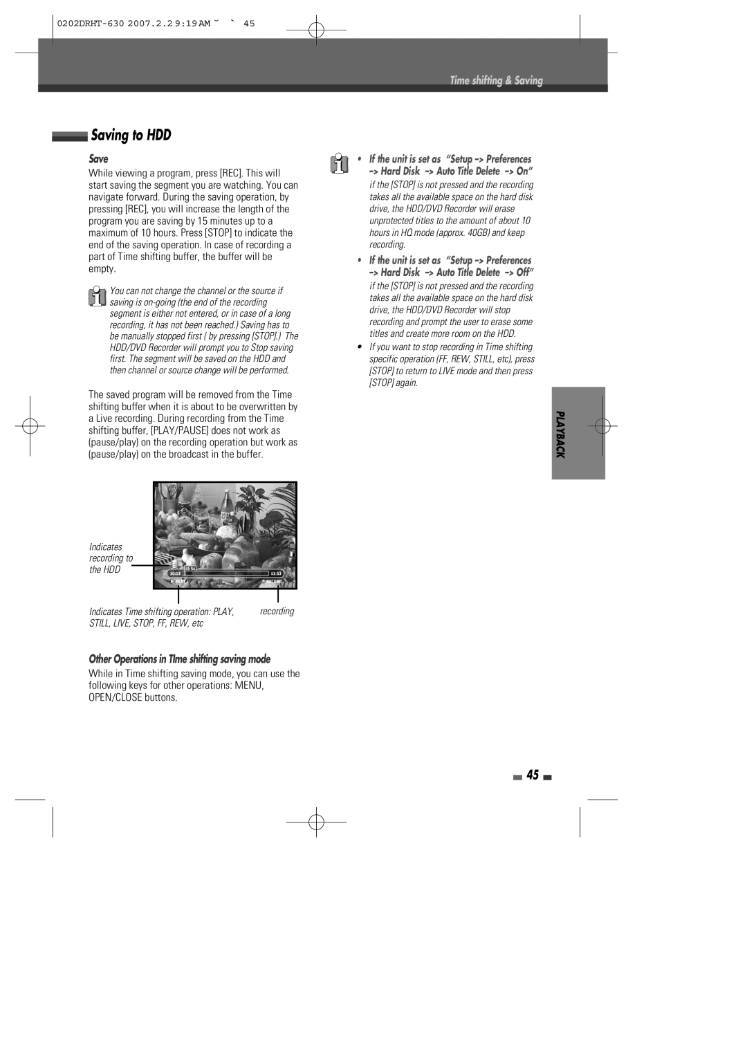 Daewoo DRHT-630 manual Saving to HDD, Save, Other Operations in TIme shifting saving mode 