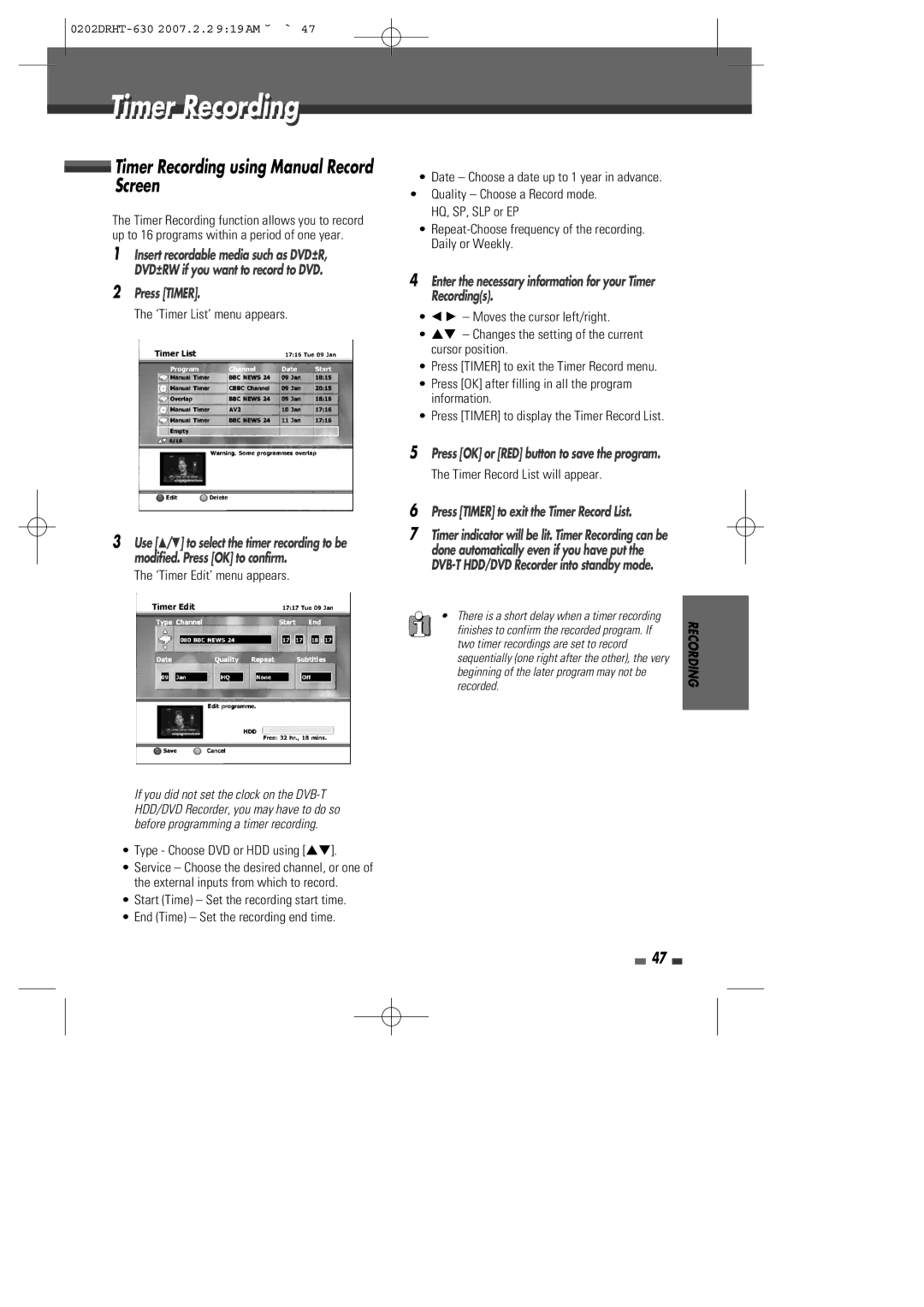 Daewoo DRHT-630 manual Timeri Recordingi, Timer Recording using Manual Record Screen, Press Timer 