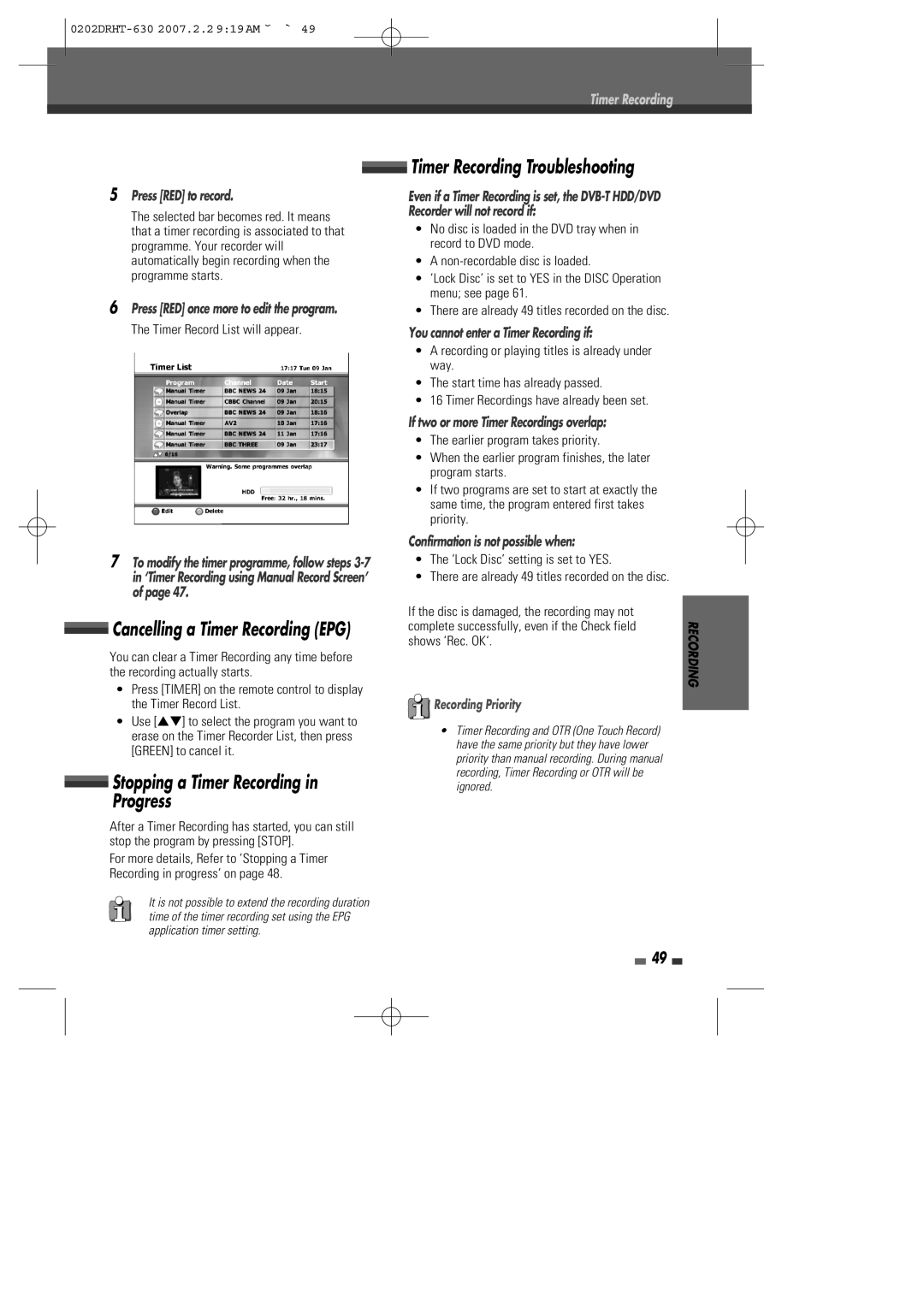 Daewoo DRHT-630 manual Timer Recording Troubleshooting, Cancelling a Timer Recording EPG 