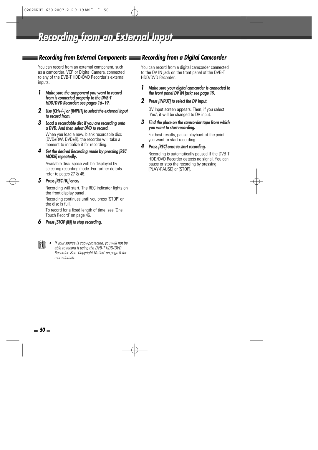 Daewoo DRHT-630 manual Recording from an External Input, Press Stop to stop recording, Press Input to select the DV input 