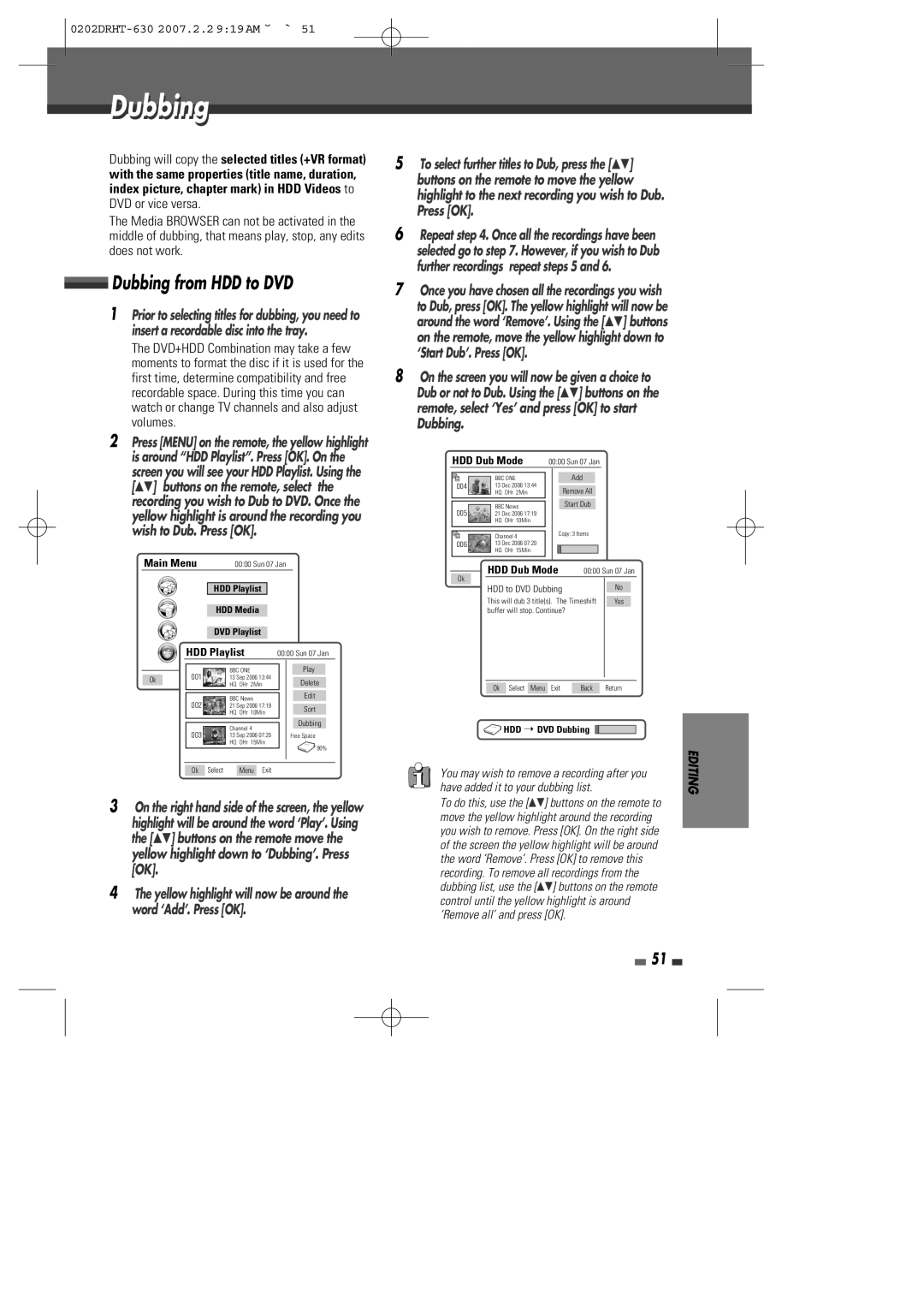 Daewoo DRHT-630 manual Dubbing from HDD to DVD 