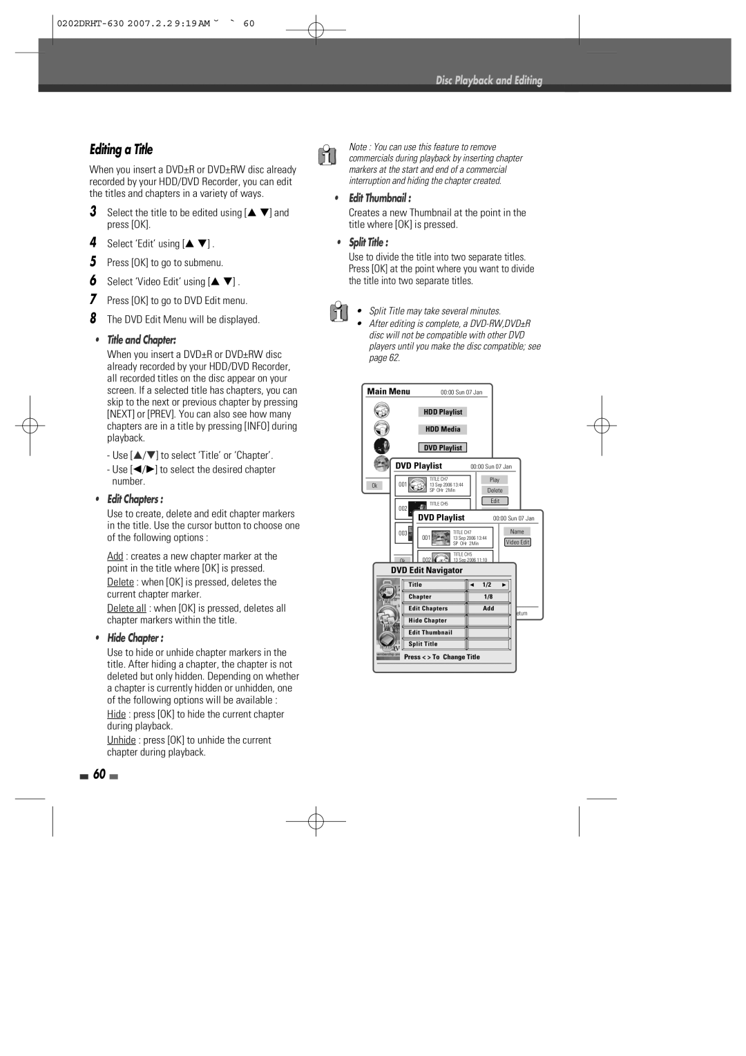 Daewoo DRHT-630 manual Title and Chapter, Split Title may take several minutes 