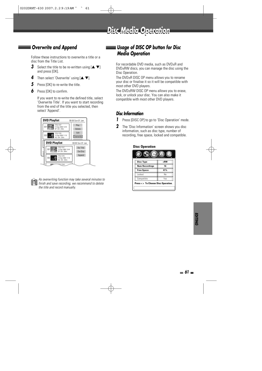 Daewoo DRHT-630 manual Overwrite and Append, Usage of Disc OP button for Disc Media Operation, Disc Information 