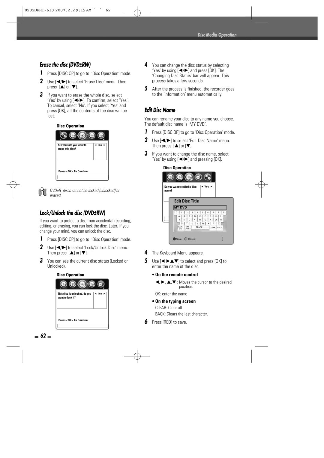 Daewoo DRHT-630 manual Erase the disc DVD±RW, Edit Disc Name, Lock/Unlock the disc DVD±RW 