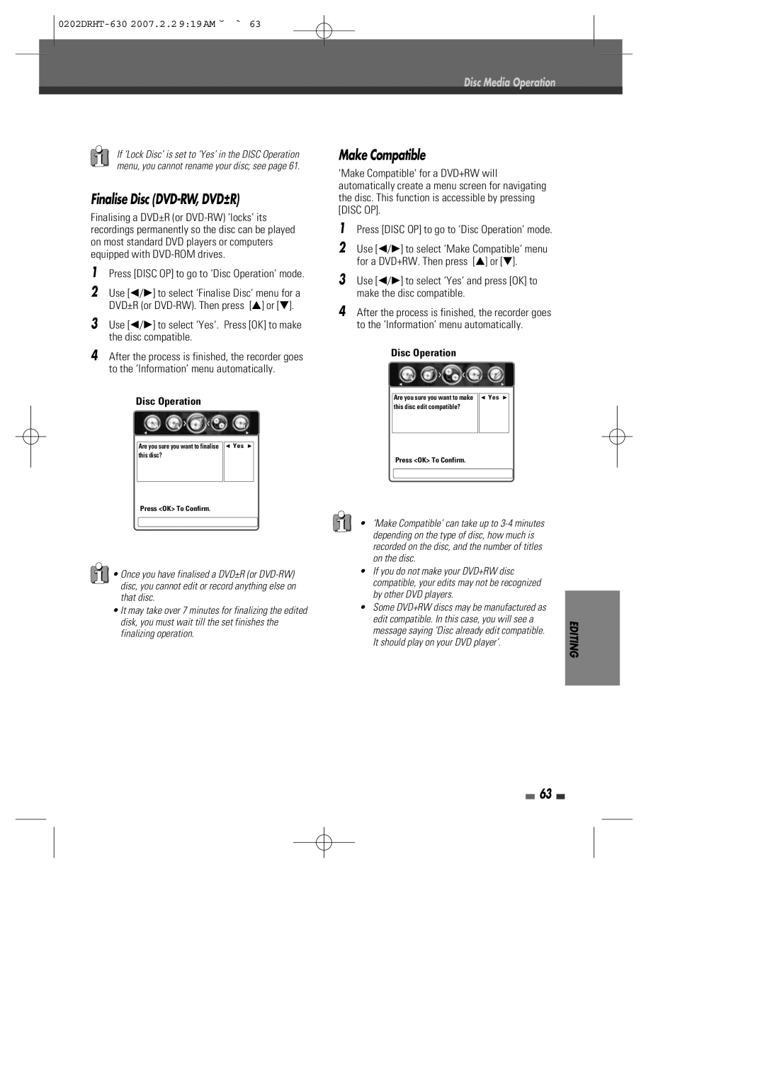 Daewoo DRHT-630 manual Finalise Disc DVD-RW, DVD±R, Make Compatible 