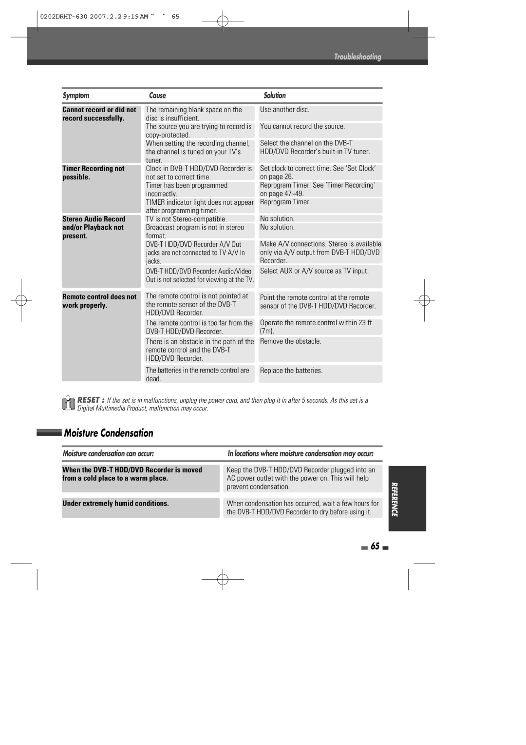 Daewoo DRHT-630 manual Moisture Condensation, Moisture condensation can occur 