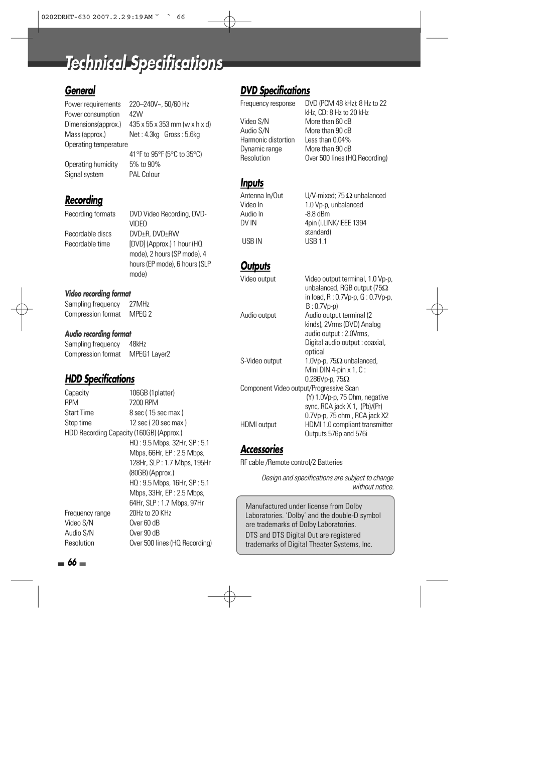 Daewoo DRHT-630 manual General, Recording, HDD Specifications, DVD Specifications, Inputs, Outputs, Accessories 