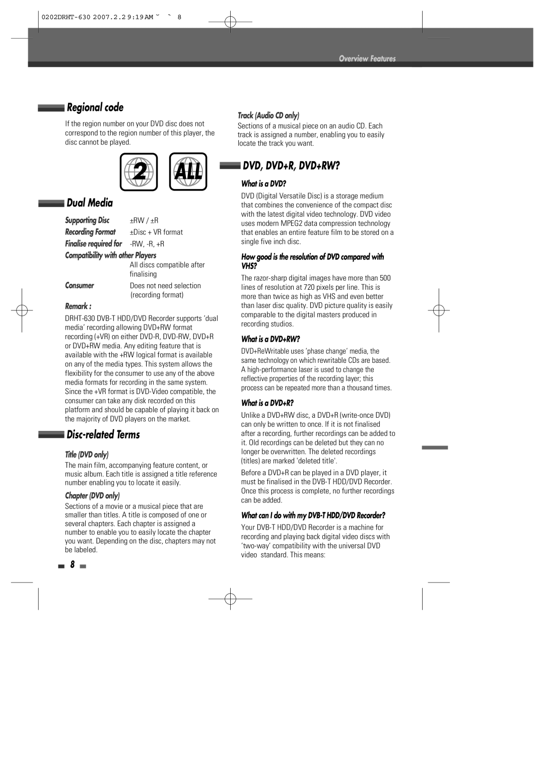 Daewoo DRHT-630 manual Regional code, Dual Media, Disc-related Terms 