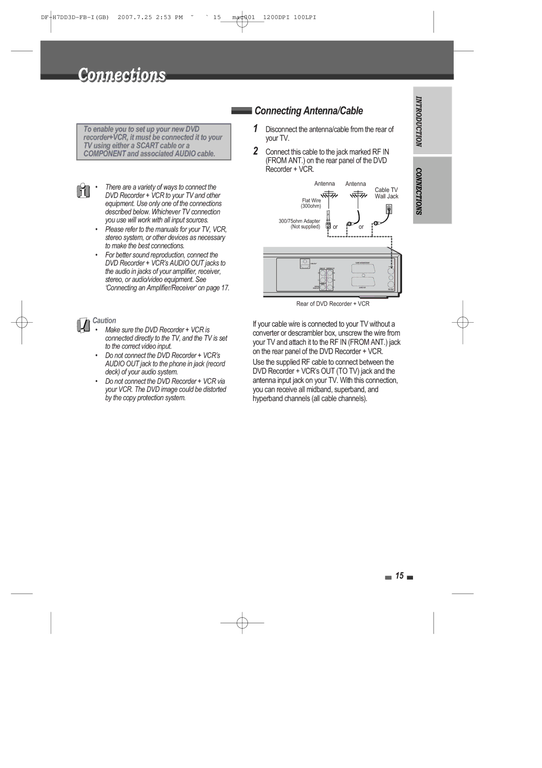 Daewoo DRV-6815 user manual Connections, Connecting Antenna/Cable 