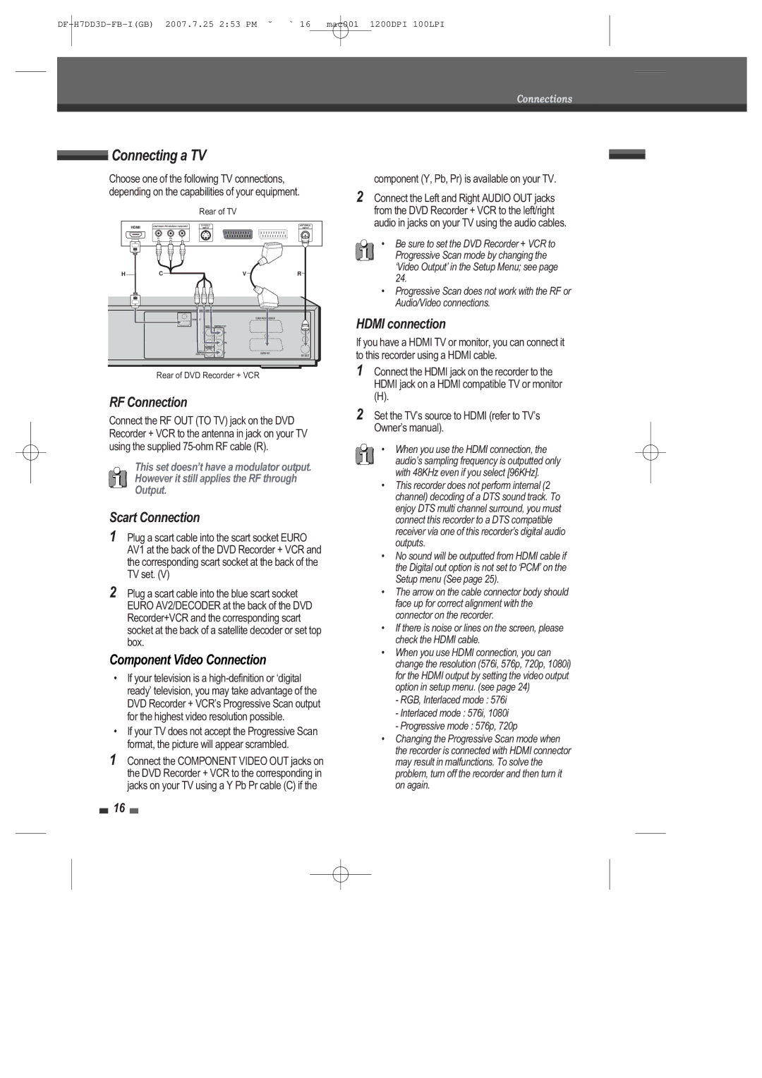 Daewoo DRV-6815 user manual Connecting a TV, RF Connection, Scart Connection, Component Video Connection, Hdmi connection 