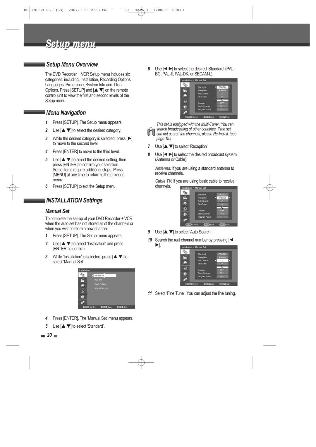 Daewoo DRV-6815 user manual Setup menu, Setup Menu Overview, Menu Navigation, Installation Settings, Manual Set 