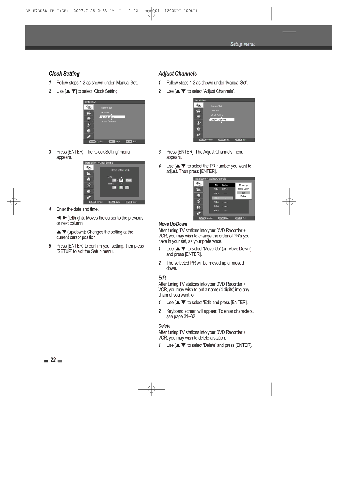 Daewoo DRV-6815 user manual Adjust Channels, Press ENTER. The ÔClock SettingÕ menu Appears 