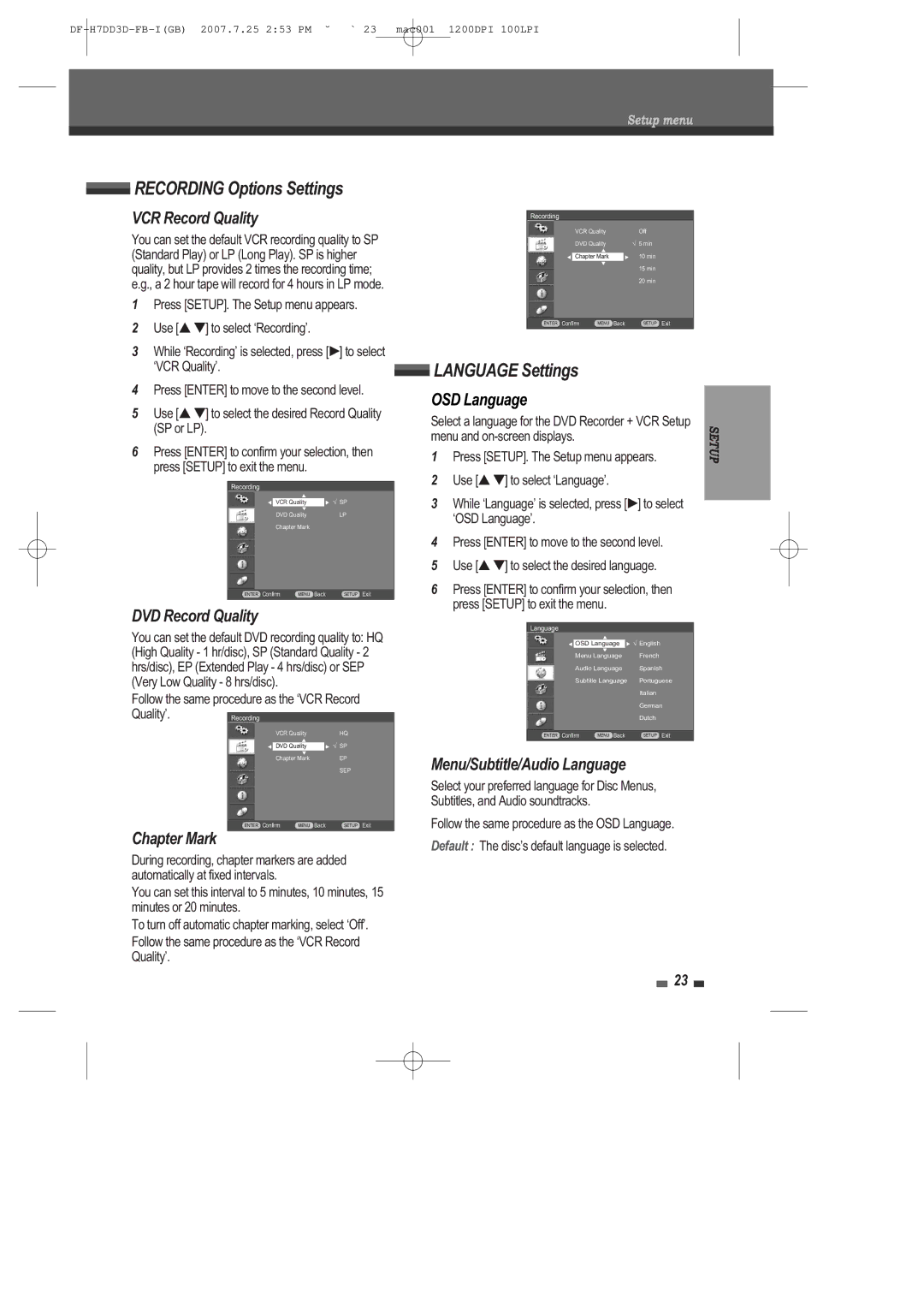 Daewoo DRV-6815 user manual Recording Options Settings, Language Settings 