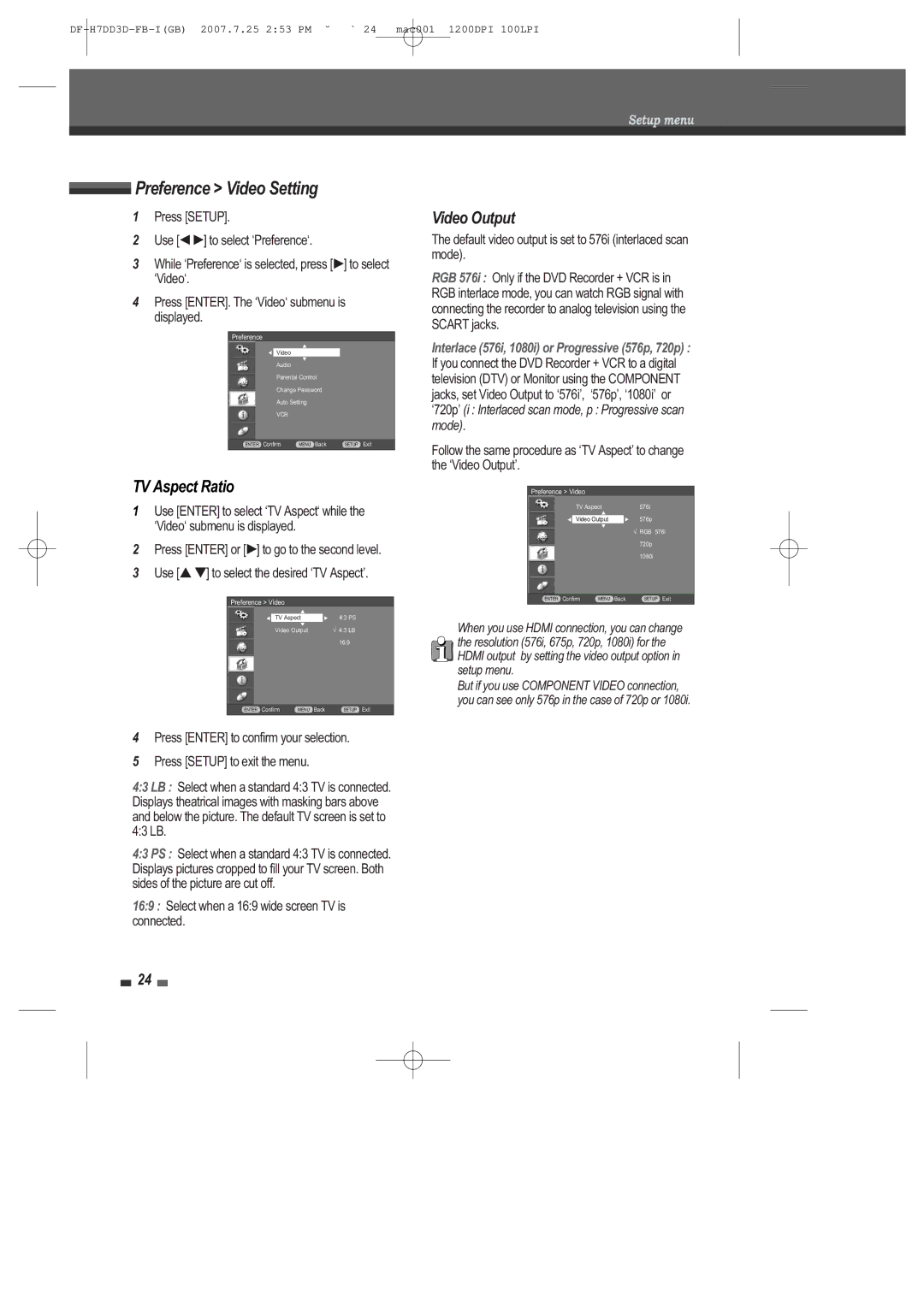 Daewoo DRV-6815 Preference Video Setting, TV Aspect Ratio, Video Output, Interlace 576i, 1080i or Progressive 576p, 720p 