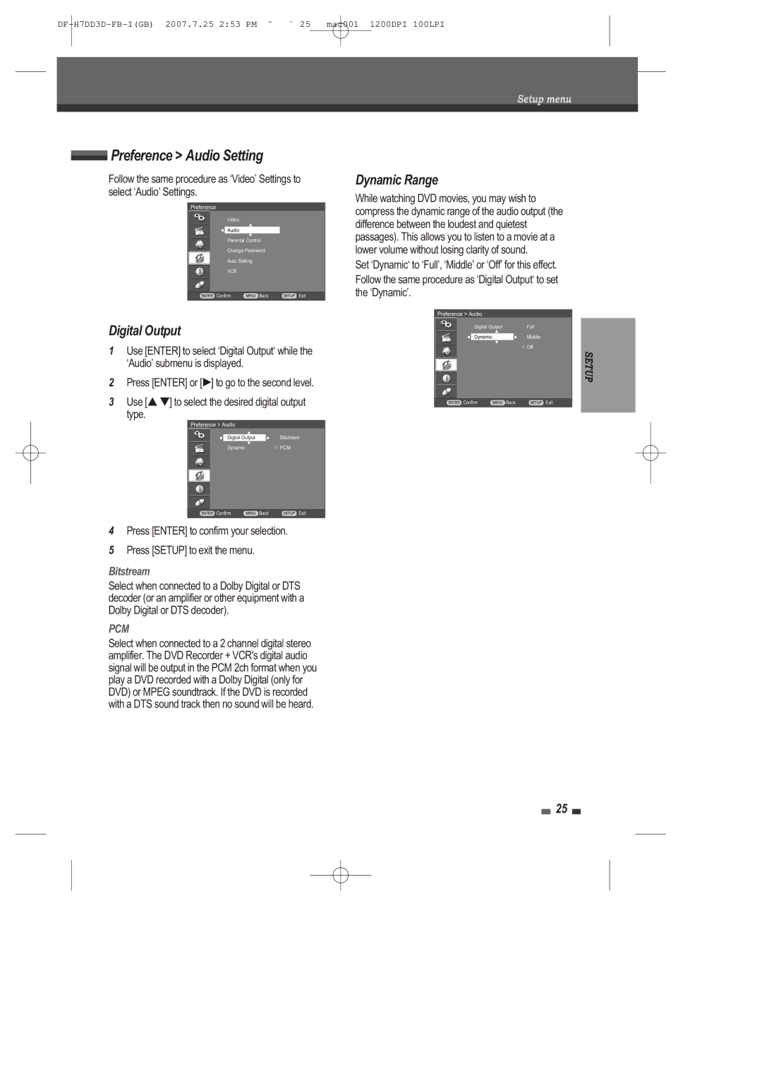 Daewoo DRV-6815 user manual Preference Audio Setting, Digital Output, Dynamic Range, Bitstream 