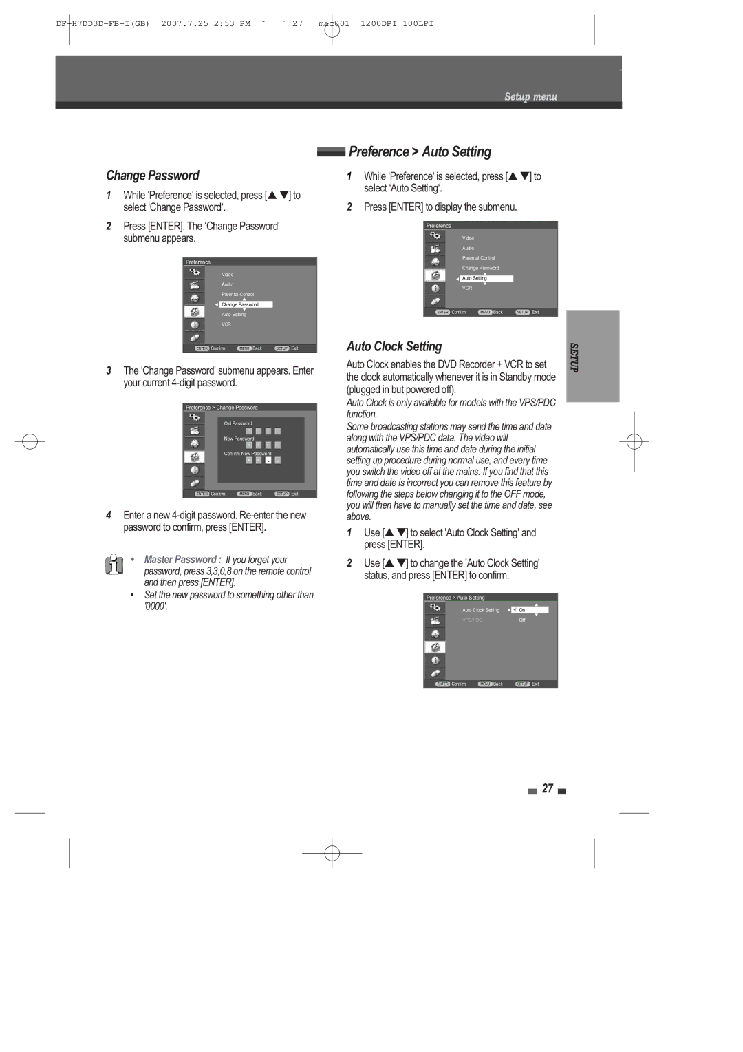 Daewoo DRV-6815 user manual Preference Auto Setting, Change Password, Auto Clock Setting 