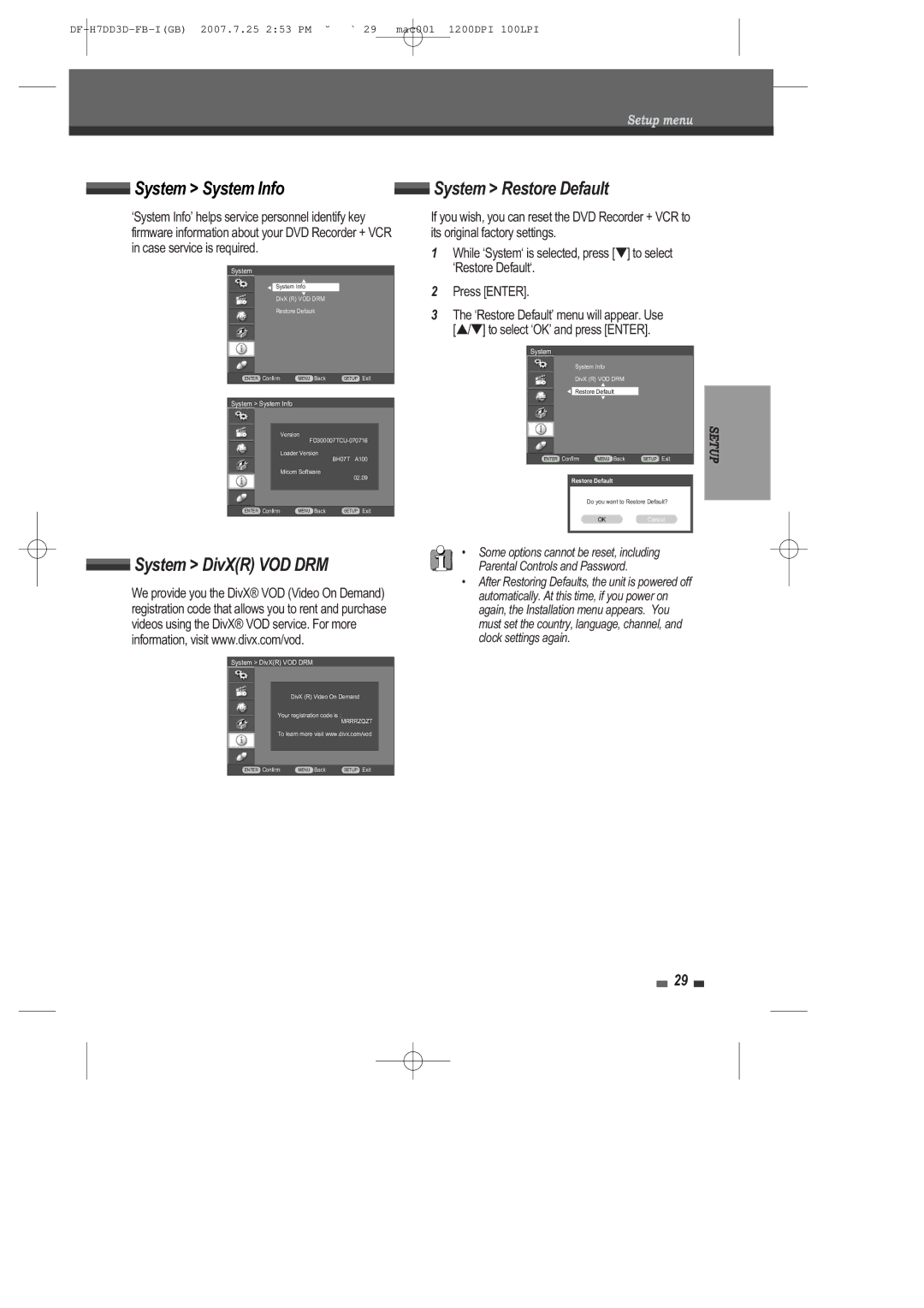 Daewoo DRV-6815 user manual System System Info, System DivXR VOD DRM, System Restore Default 