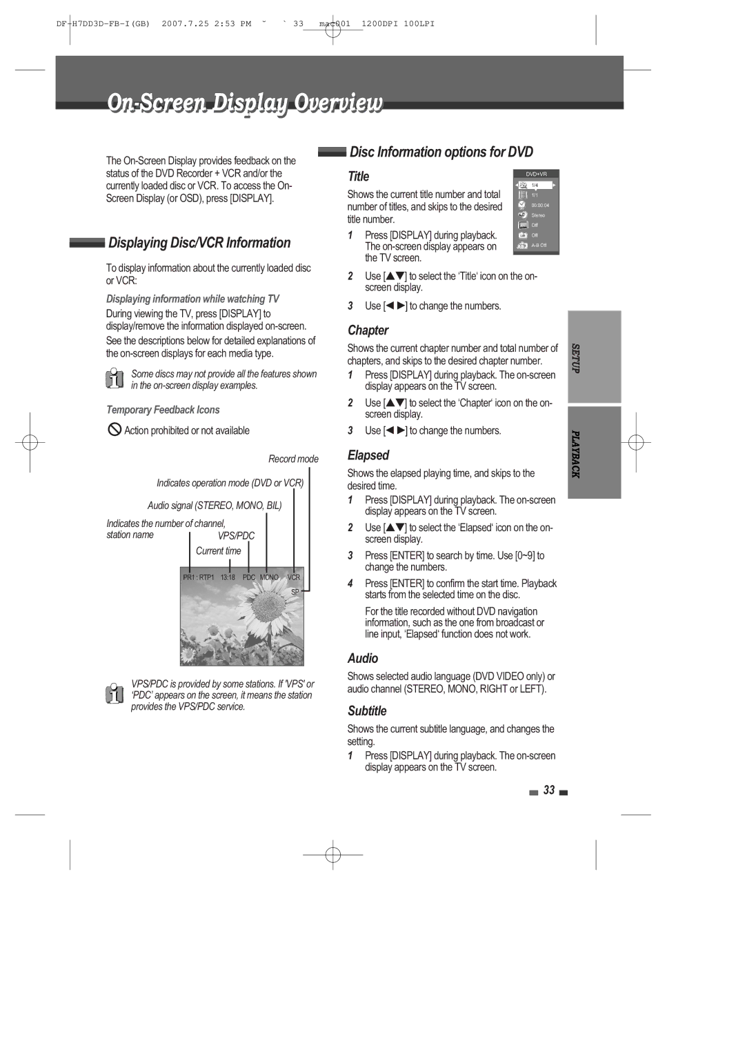 Daewoo DRV-6815 user manual On--Screen Display Overview, Displaying Disc/VCR Information, Disc Information options for DVD 