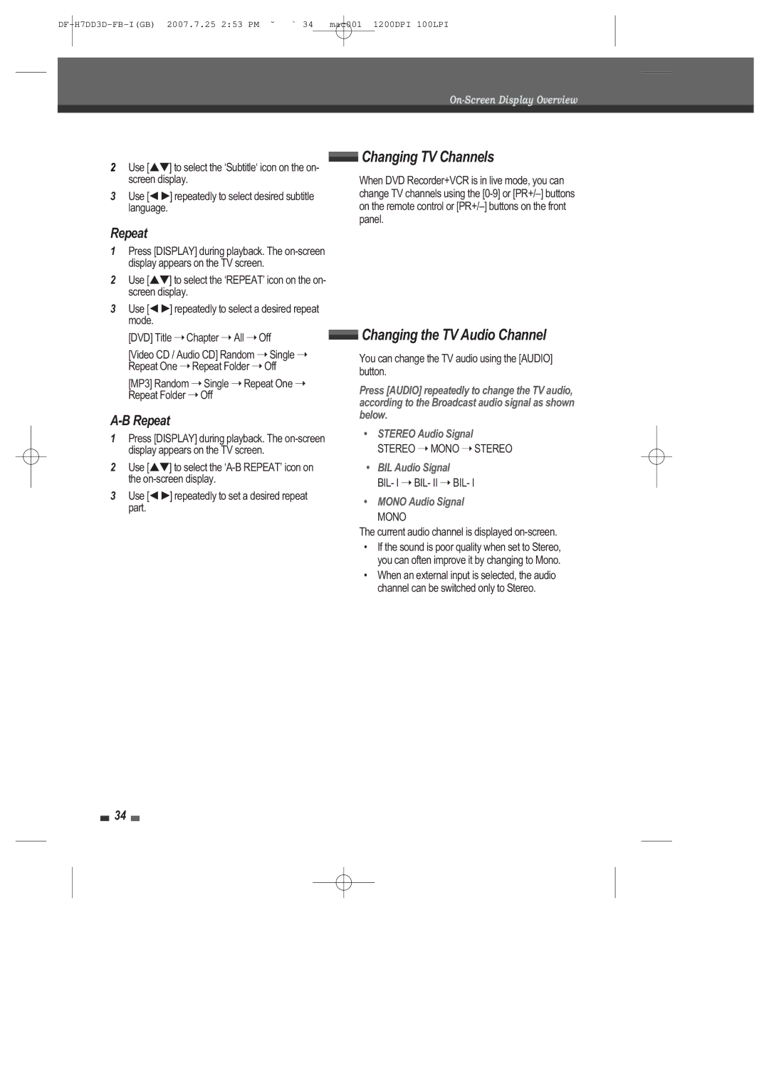 Daewoo DRV-6815 user manual Changing TV Channels, Changing the TV Audio Channel, Repeat, ¥ Stereo Audio Signal 