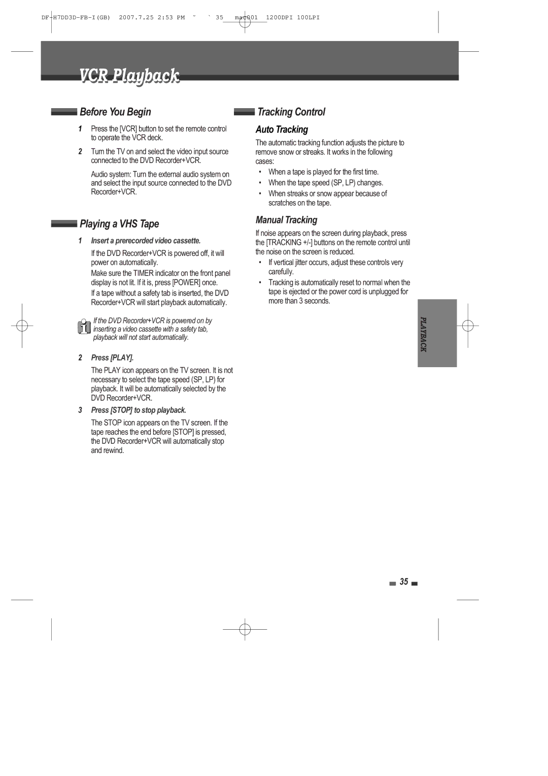 Daewoo DRV-6815 user manual VCR Playback, Before You Begin, Playing a VHS Tape, Auto Tracking, Manual Tracking 