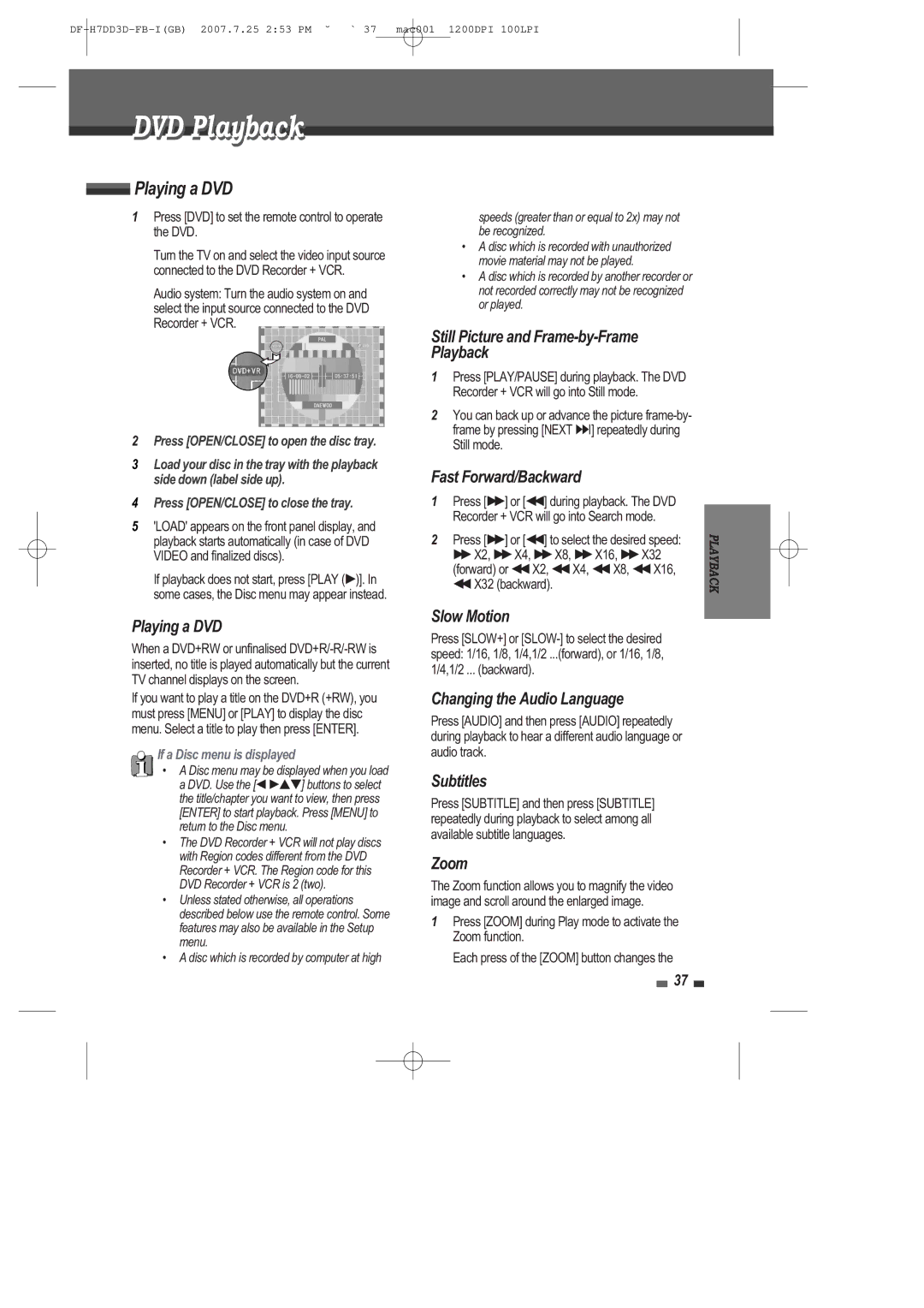 Daewoo DRV-6815 user manual DVD Playback, Playing a DVD 