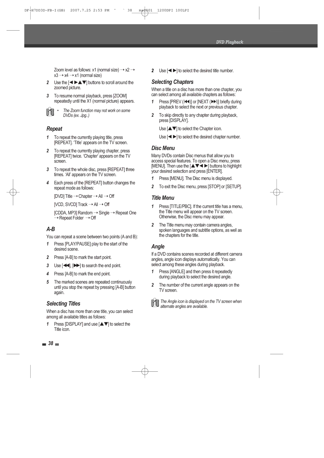 Daewoo DRV-6815 user manual Selecting Chapters, Selecting Titles Disc Menu, Title Menu, Angle 