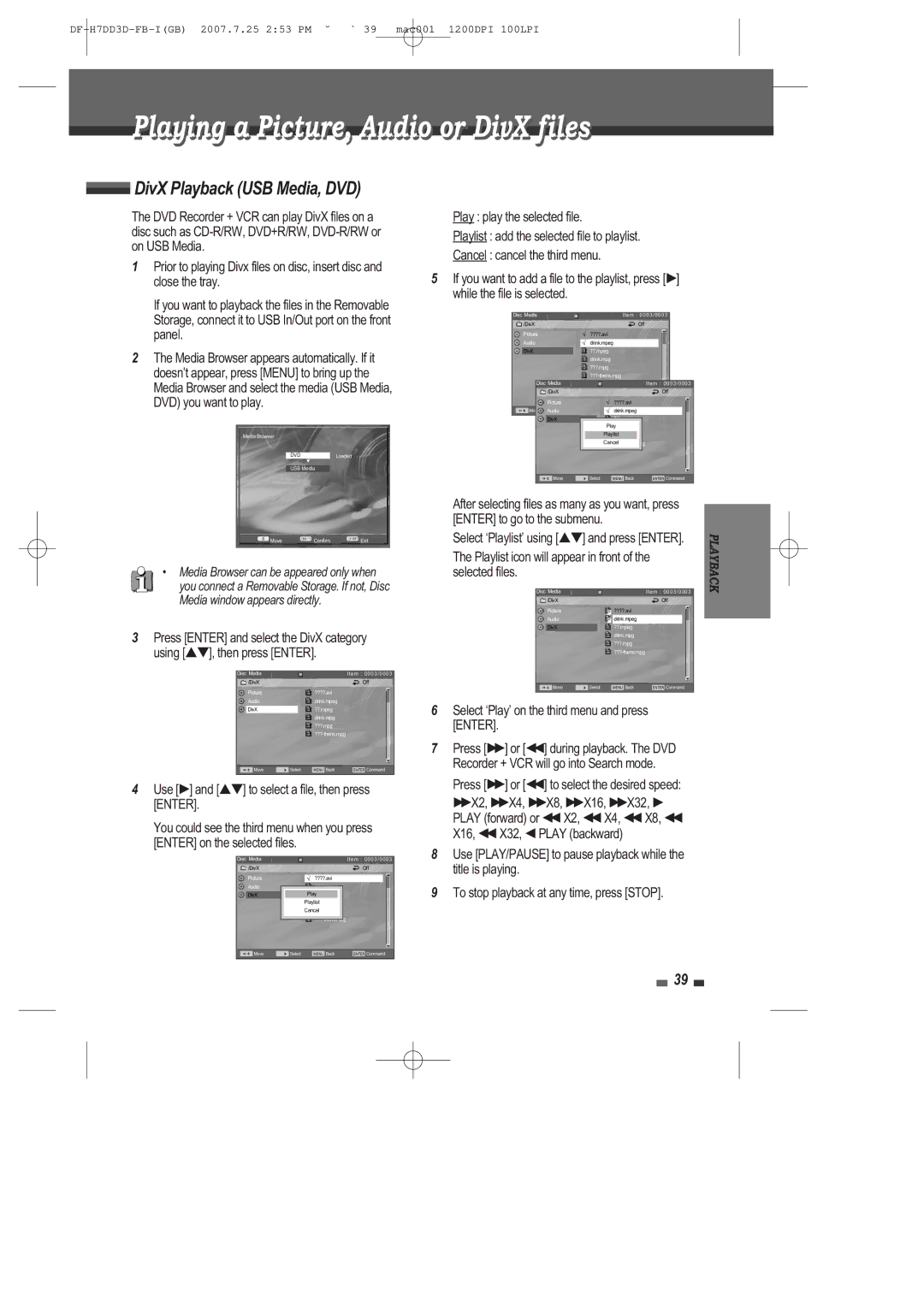 Daewoo DRV-6815 user manual Playing a Picture,, Audio or DivX files, DivX Playback USB Media, DVD 