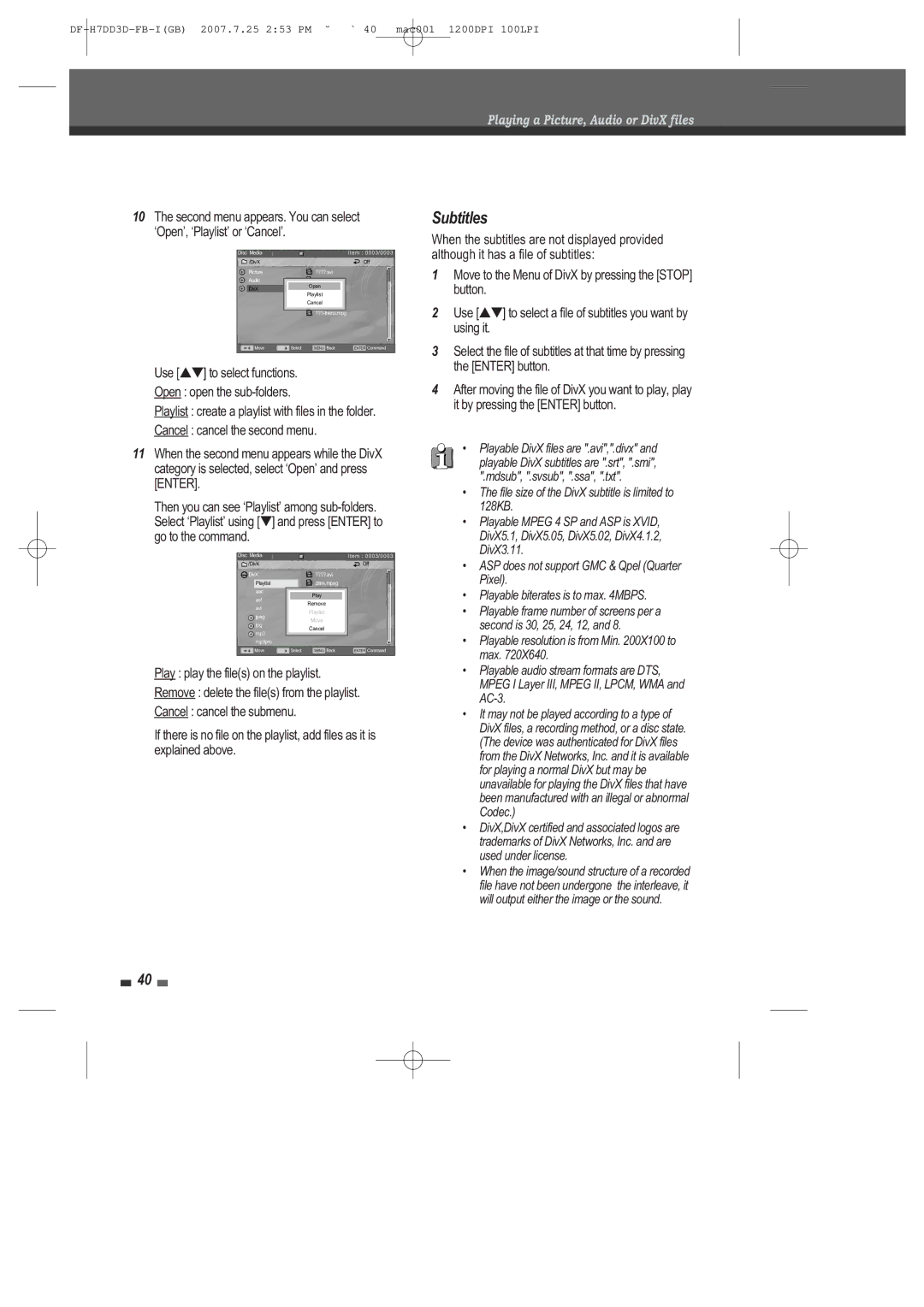 Daewoo DRV-6815 user manual Playing a Picture, Audio or DivX files 